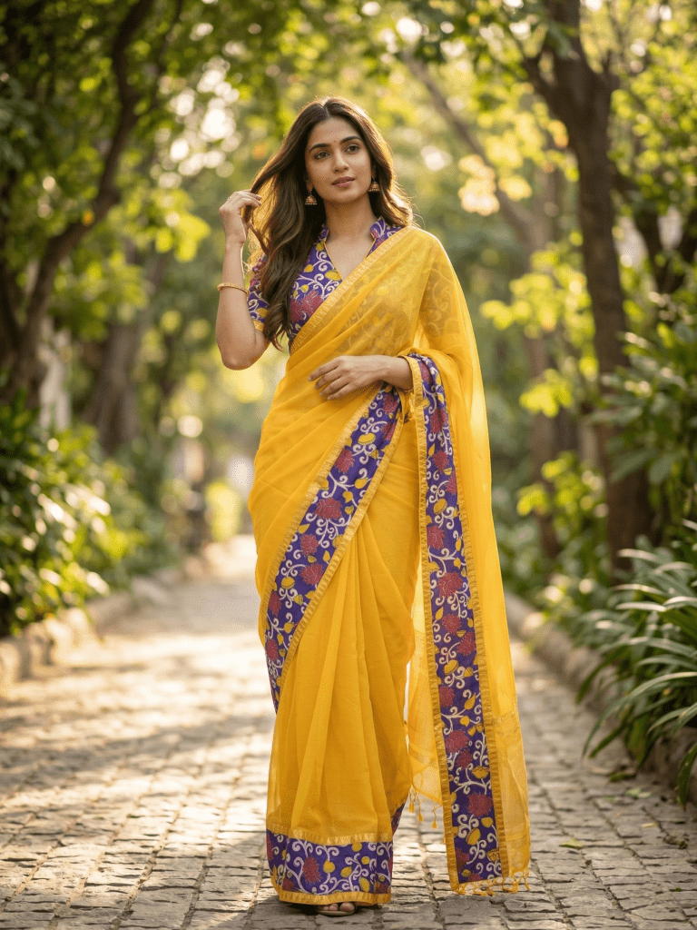Kalamkari cotton saree with kalamkari border and kalamkari blouse