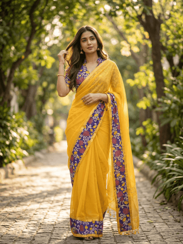 Kalamkari cotton saree with kalamkari border and kalamkari blouse