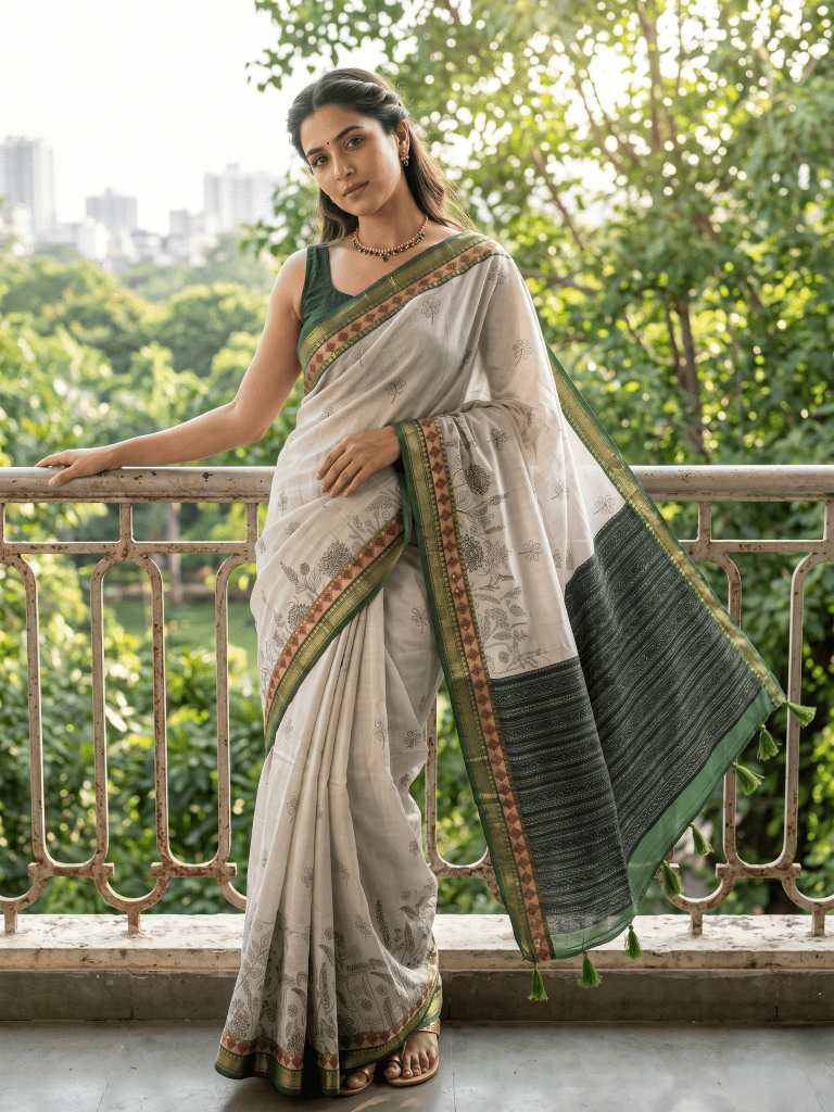 Maheshwari fancy saree in white color with allover prints & zari border with short pallu and contrast blouse