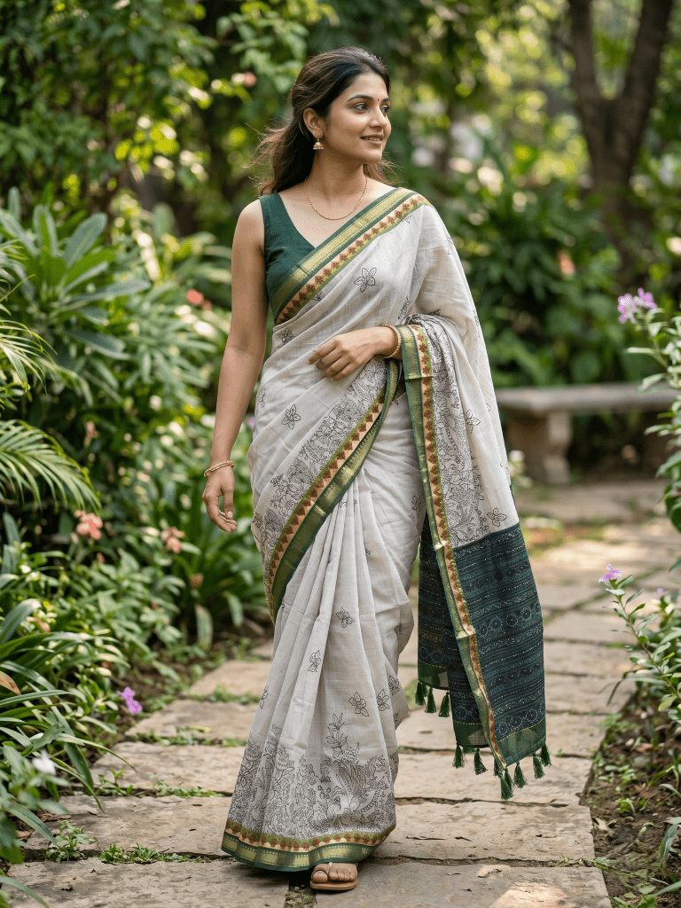 Maheshwari fancy saree in white color with allover prints & zari border with short pallu and contrast blouse