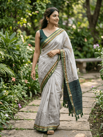 Maheshwari fancy saree in white color with allover prints & zari border with short pallu and contrast blouse