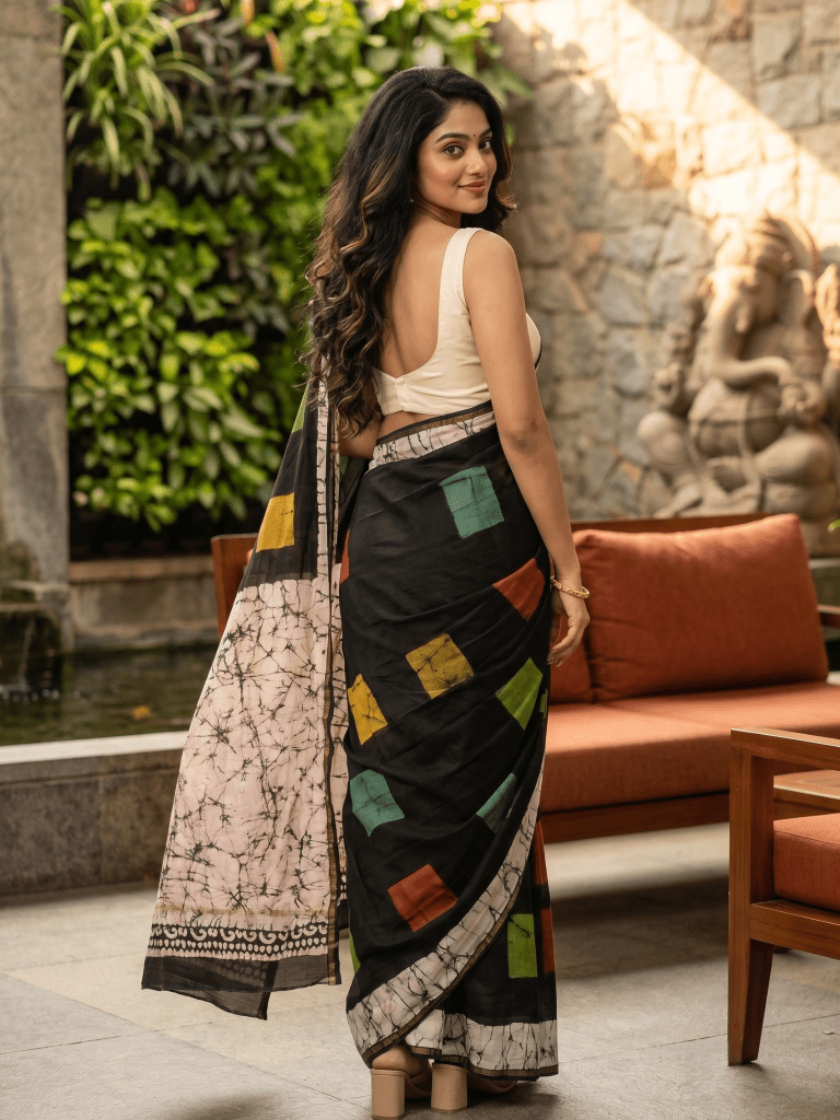 Maheshwari fancy saree for women | black | printed border | attached blouse