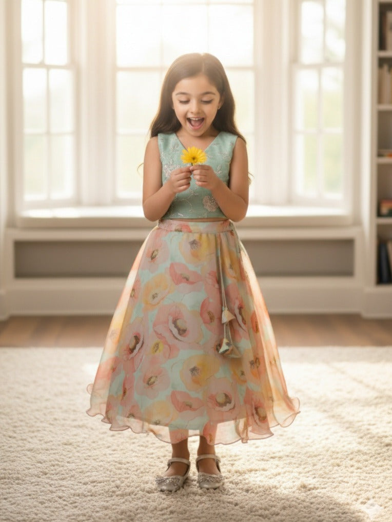 Organza floral crop top with skirt