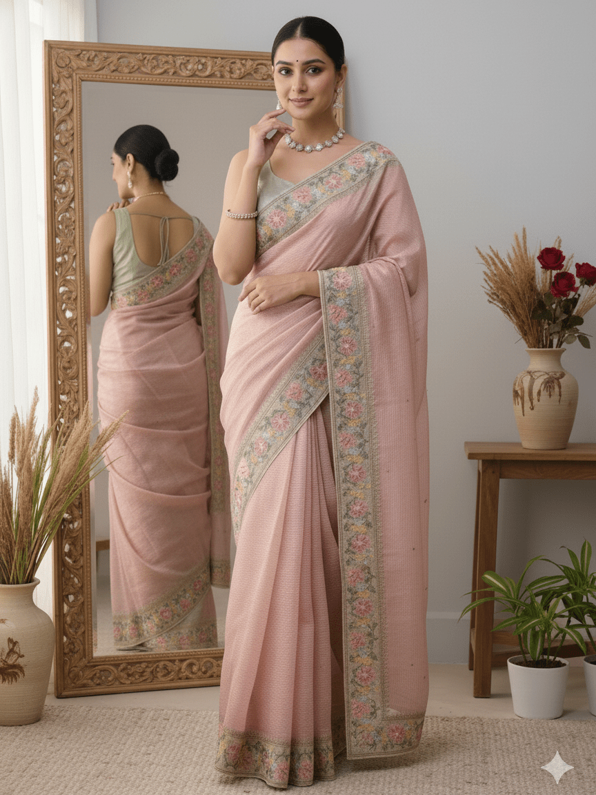 Tissue crush fancy saree peach color allover plain & embroidery border with running pallu and printed blouse