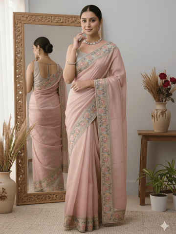 Tissue crush fancy saree peach color allover plain & embroidery border with running pallu and printed blouse