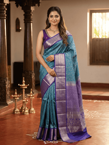 Kanchi pattu saree blue color allover zari weaves & zari border with rich pallu and contrast plain blouse