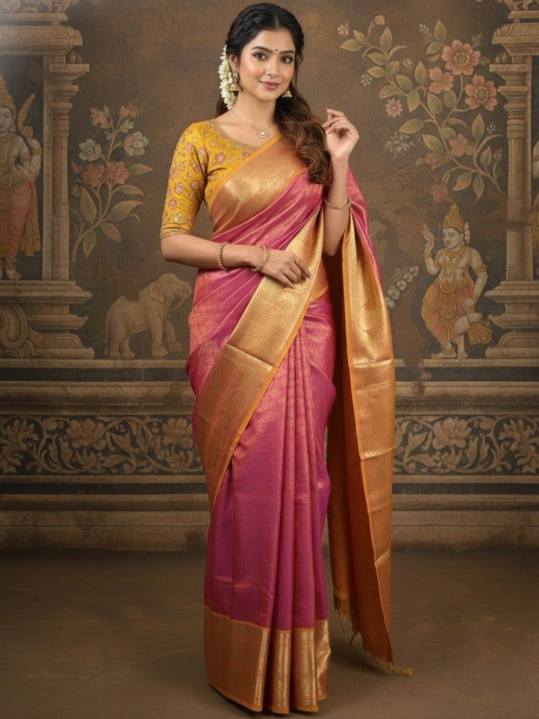 Kanchi pattu saree pink color allover zari weaves & zari border with rich pallu and contrast plain blouse