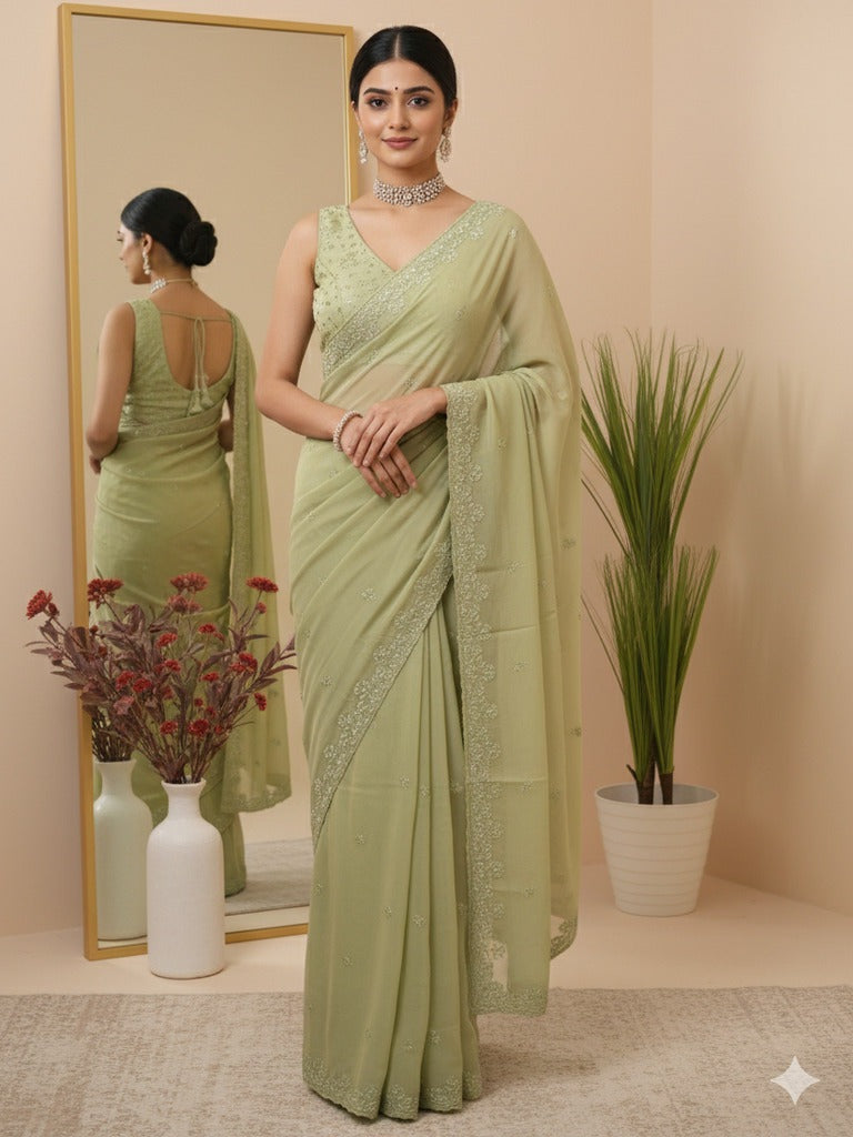 Organza fancy saree light pastel green color allover embroidered motifs & cutwork border with running pallu and self blouse