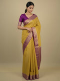 Georgette fancy saree golden yellow color allover weaves & zari border with rich pallu and plain blouse