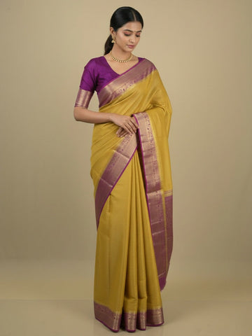 Georgette fancy saree golden yellow color allover weaves & zari border with rich pallu and plain blouse