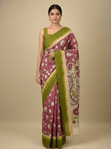 Kalamkari silk saree in pink, featuring a contrast color border and plain matching blouse