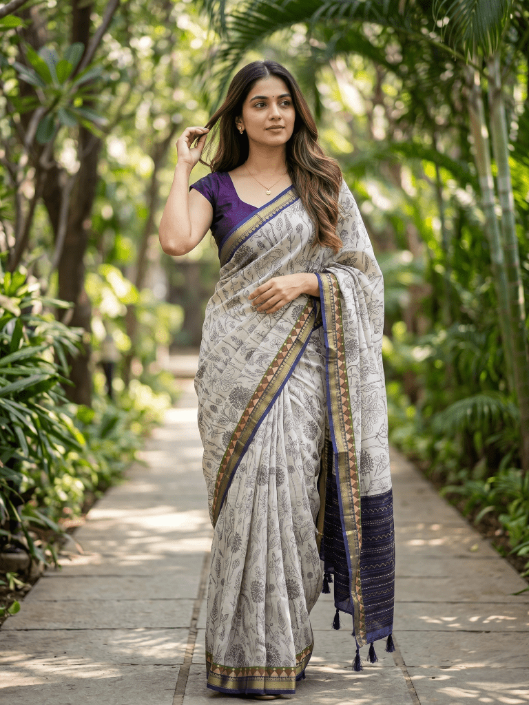Maheshwari fancy saree in white color with allover prints & zari border with short pallu and contrast blouse