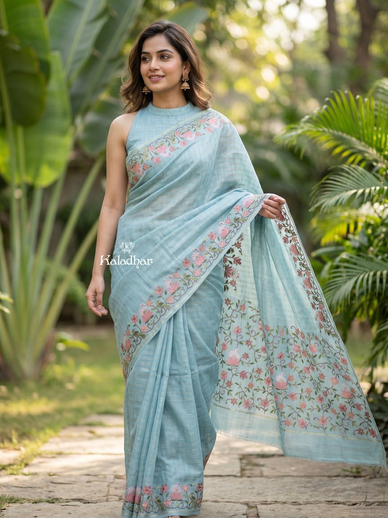 Tussar fancy saree allover checks with embroidery border and attached blouse