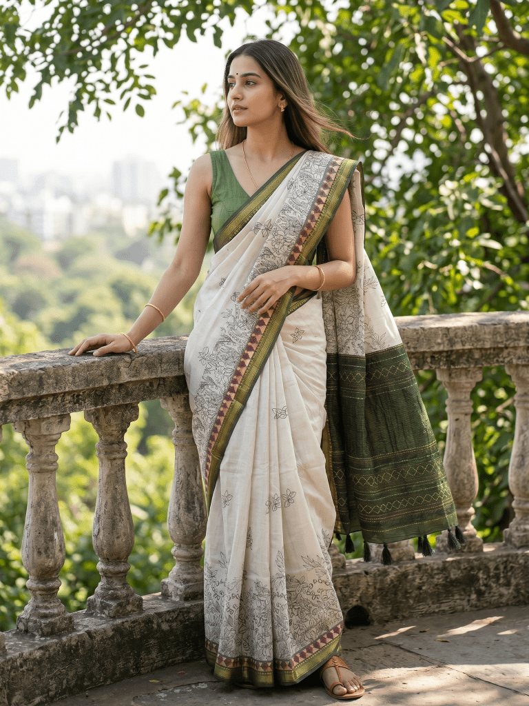 Maheshwari fancy saree in white color with allover prints & zari border with short pallu and contrast blouse