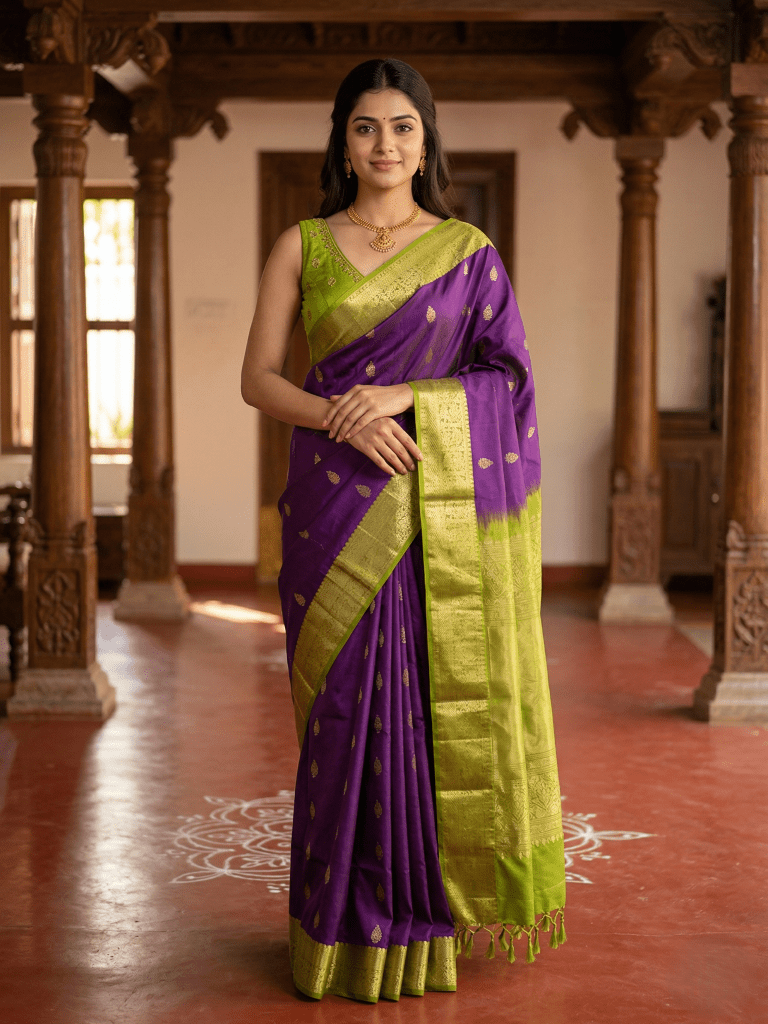 Kanchi pattu saree violet color allover zari motifs & zari border with rich pallu and contrast plain blouse