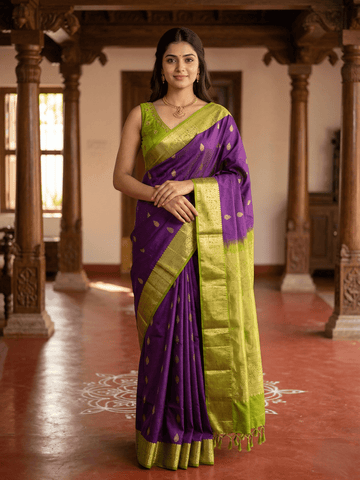Kanchi pattu saree violet color allover zari motifs & zari border with rich pallu and contrast plain blouse