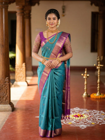 Kanchi pattu saree sky blue color allover zari motifs & zari border with rich pallu and contrast plain blouse
