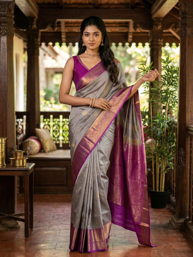 Kanchi pattu saree bluish grey color allover zari motifs & zari border with rich pallu and contrast plain blouse