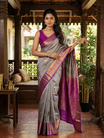 Kanchi pattu saree bluish grey color allover zari motifs & zari border with rich pallu and contrast plain blouse