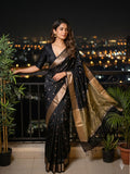 Chanderi fancy saree with allover zari motifs & zari border with zari pallu and attached self blouse