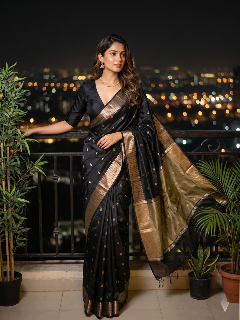 Chanderi fancy saree with allover zari motifs & zari border with zari pallu and attached self blouse