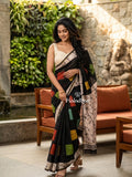 Maheshwari fancy saree for women | black | printed border | attached blouse