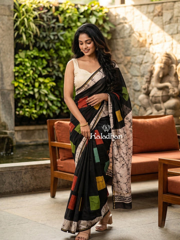 Maheshwari fancy saree for women | black | printed border | attached blouse