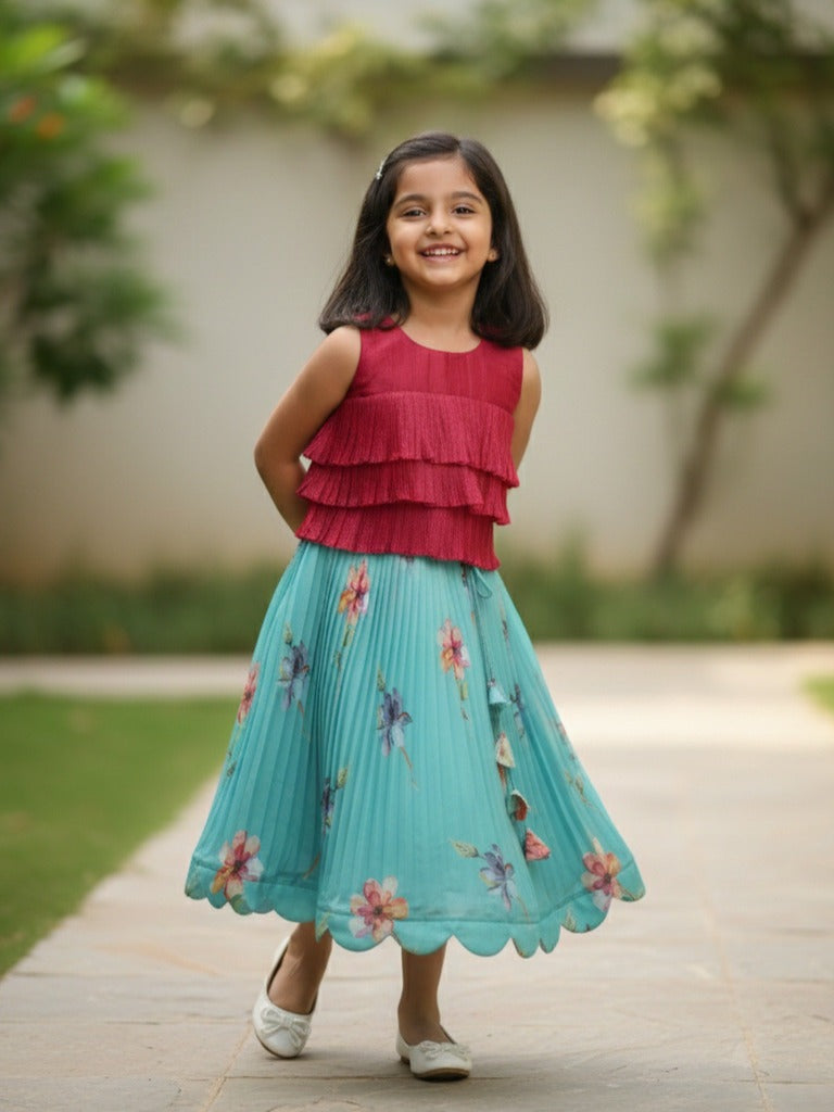 Organza blue designer crop top lehenga for girls | Made for little twirls