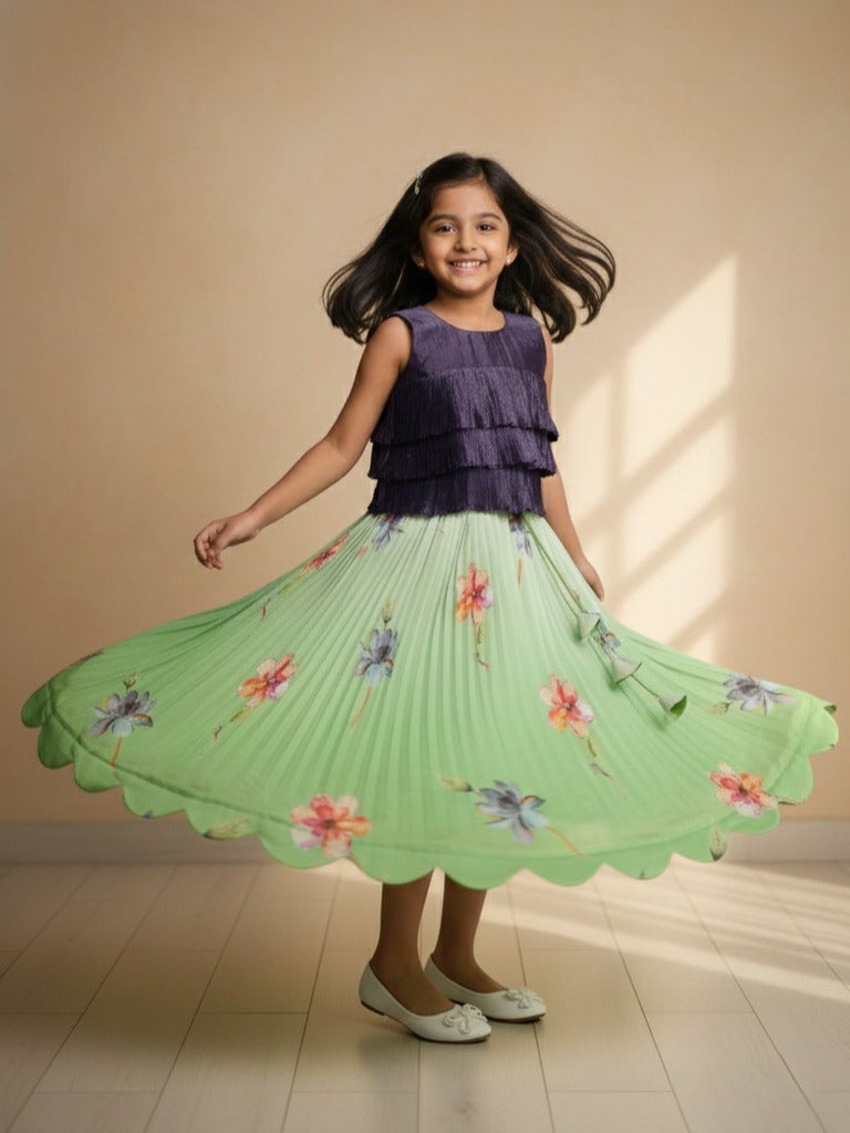 Organza green designer crop top lehenga for girls | Made for little twirls