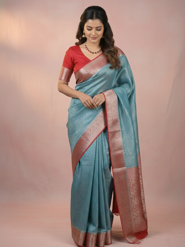 Georgette fancy saree sky blue color allover weaves & zari border with rich pallu and plain blouse