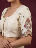 Pure raw silk maggam work blouse for women | Round neck | Cream color