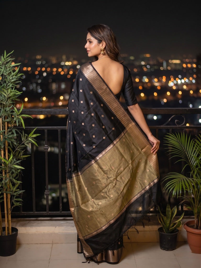 Chanderi fancy saree with allover zari motifs & zari border with zari pallu and attached self blouse