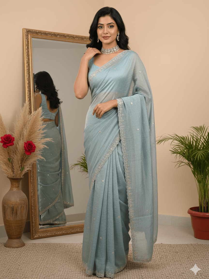 Tissue crush fancy saree light blue color allover motifs & embroidery border with running pallu and printed blouse