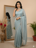 Tissue crush fancy saree light blue color allover motifs & embroidery border with running pallu and printed blouse