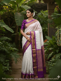 Gadwal pattu saree white color allover zari weaves & kanchi border with rich pallu and contrast plain blouse