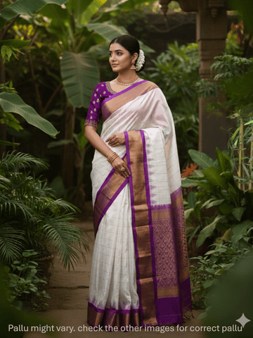 Gadwal pattu saree white color allover zari weaves & kanchi border with rich pallu and contrast plain blouse