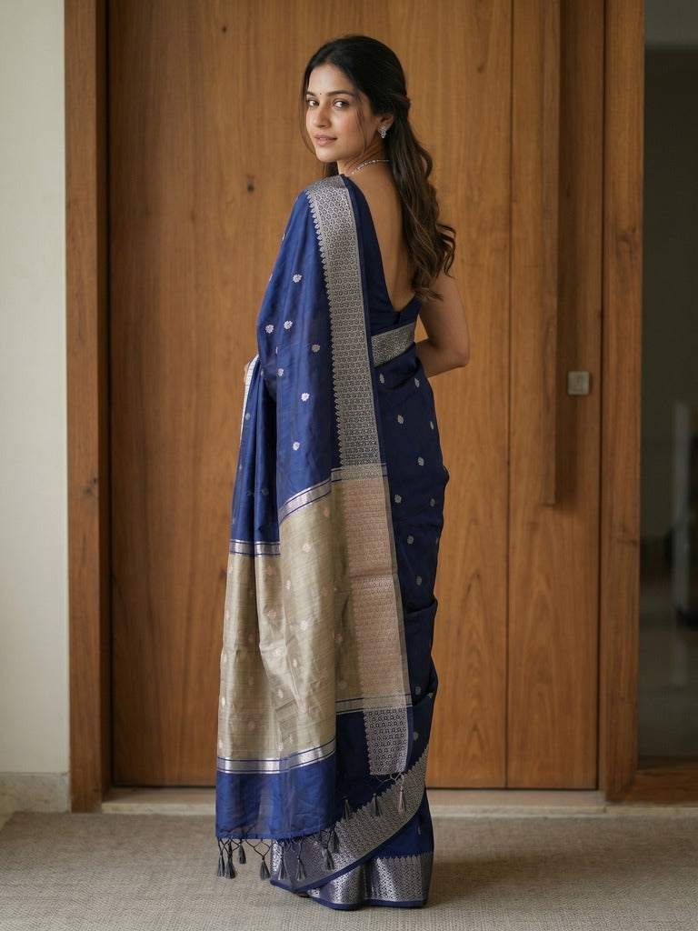 Chanderi fancy saree with allover zari motifs & zari border with zari pallu and attached self blouse