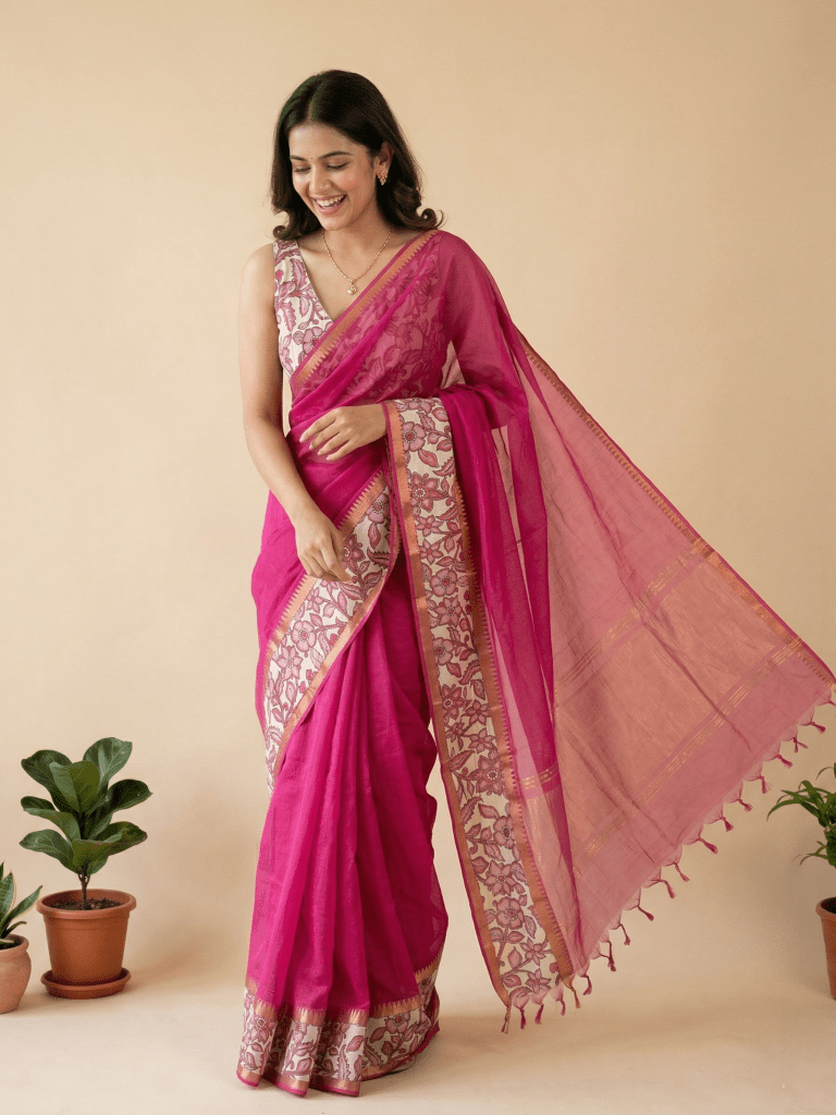 Kalamkari cotton saree with kalamkari border and kalamkari blouse