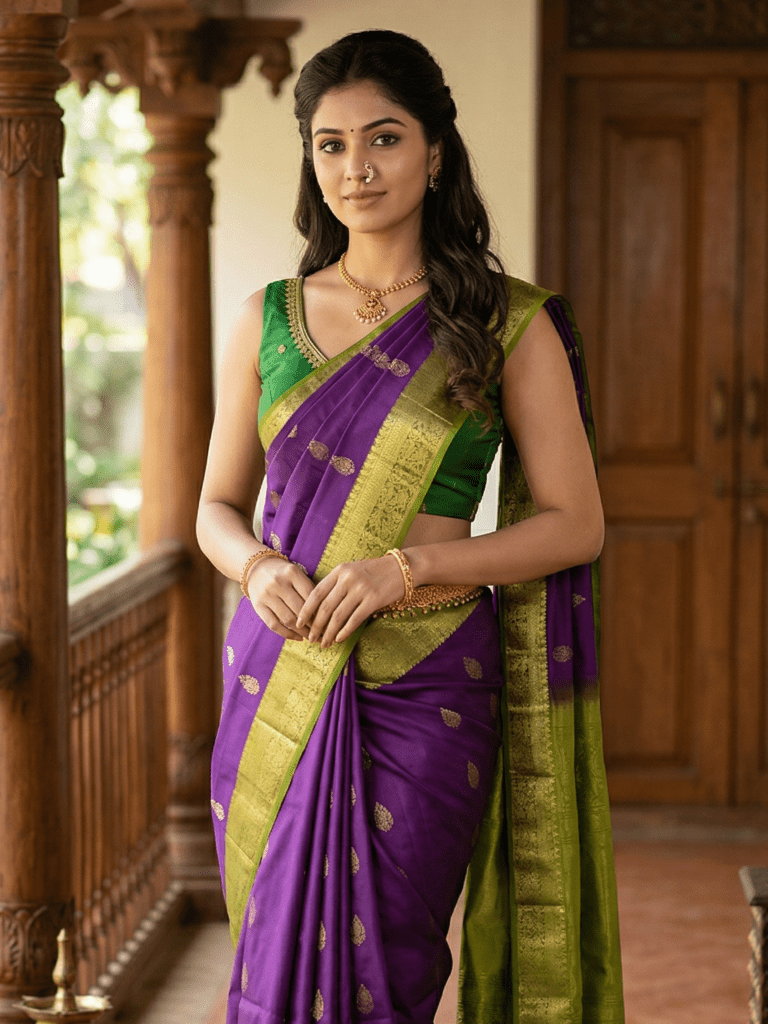 Kanchi pattu saree dark purple color allover zari motifs & zari border with rich pallu and contrast plain blouse