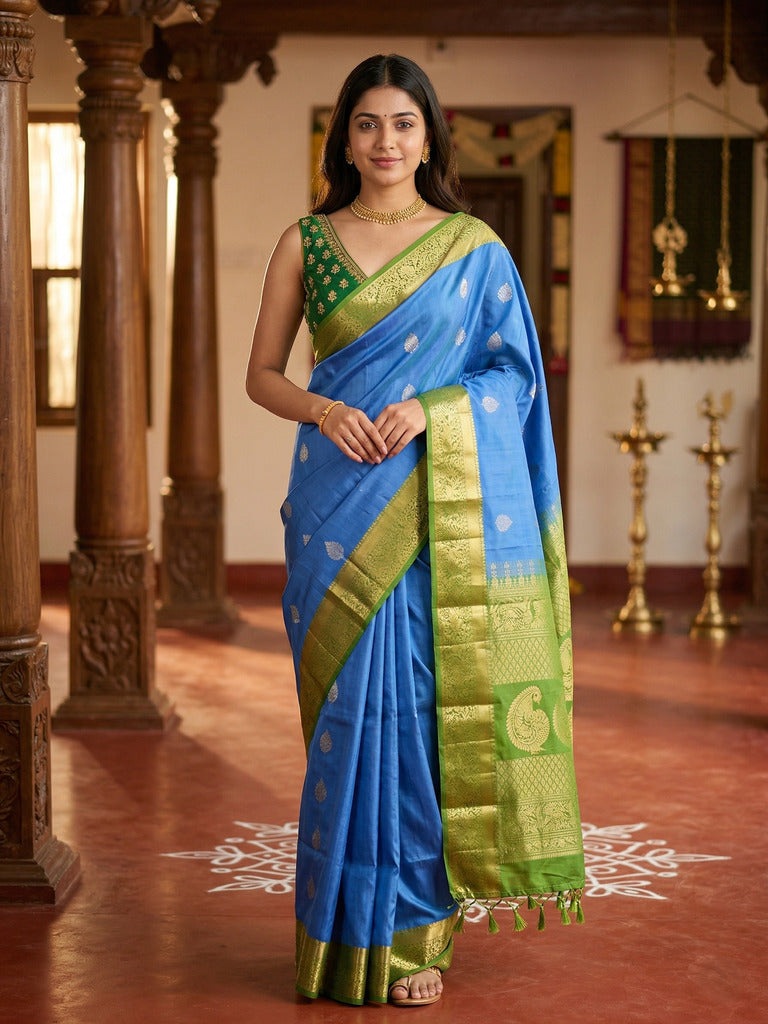 Kanchi pattu saree blue color allover zari motifs & zari border with rich pallu and contrast plain blouse