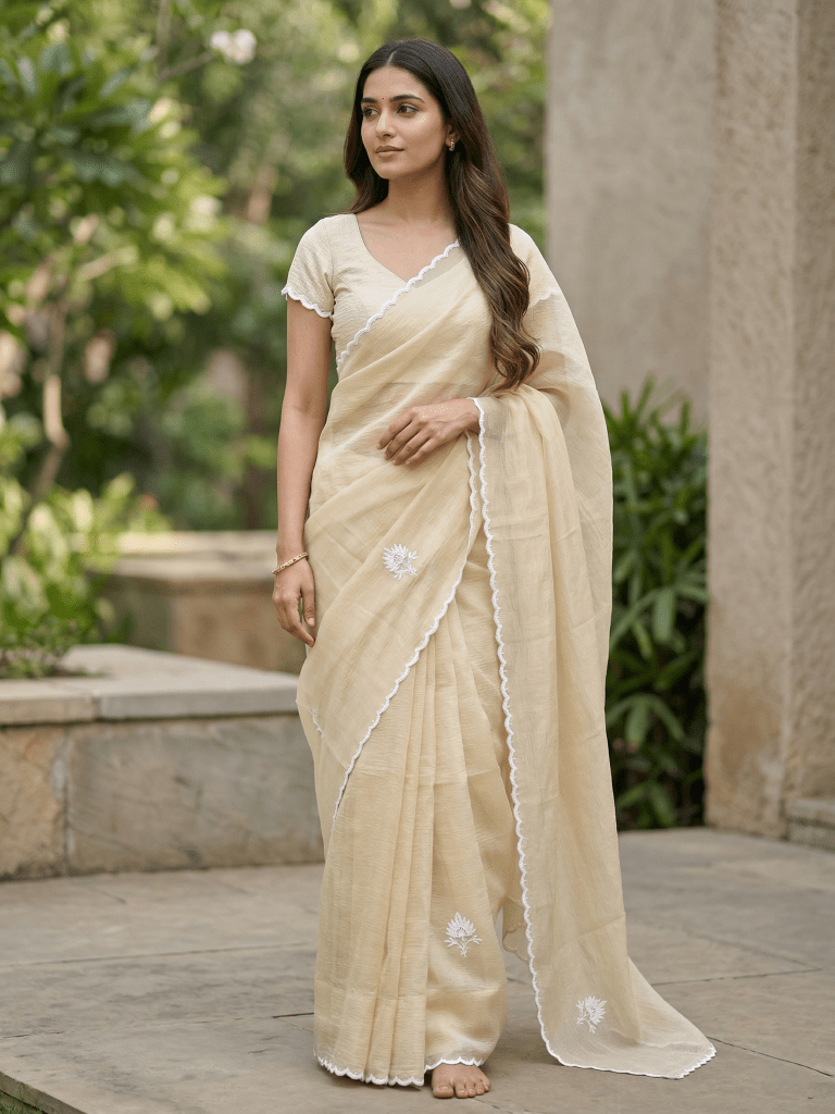 Rocket saree Crush organza saree cream color