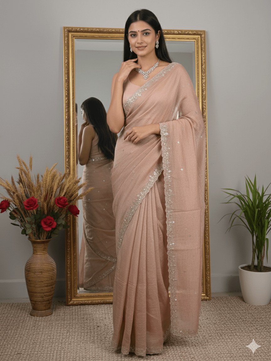 Tissue crush fancy saree light peach color allover motifs & embroidery border with running pallu and printed blouse