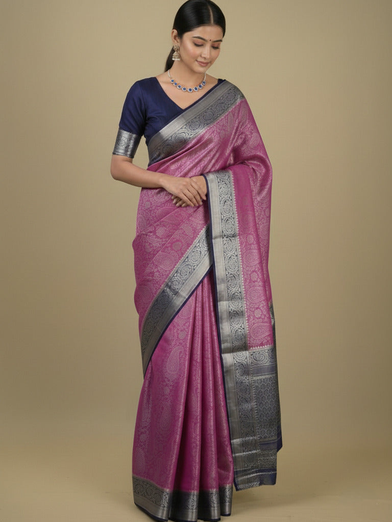 Georgette fancy saree purple color allover weaves & zari border with rich pallu and plain blouse