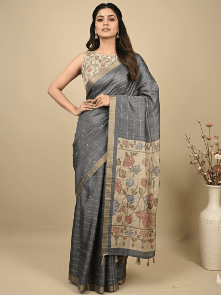 Tussar fancy saree gray color allover checks, mirror work with short zari border with printed pallu and blouse
