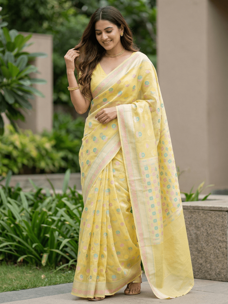 Chanderi fancy saree in yellow color allover weaves & zari border with brocade pallu and brocade blouse