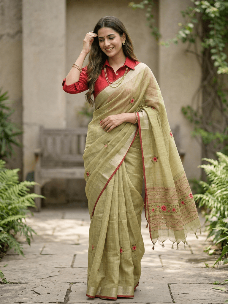Lenin tissue embroidered fancy saree in snuff color with embroidery pallu and matching blouse