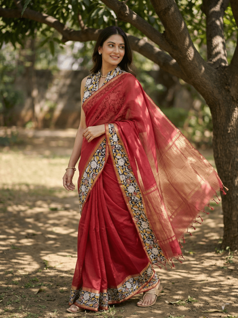 Kalamkari cotton saree with kalamkari border and kalamkari blouse