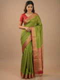 Georgette fancy saree parrot green color allover weaves & zari border with rich pallu and plain blouse