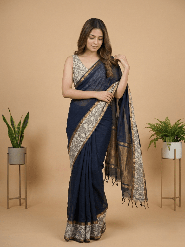 Kalamkari cotton saree with kalamkari border and kalamkari blouse