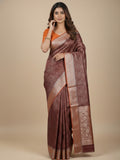 Georgette fancy saree brown color allover weaves & zari border with rich pallu and plain blouse
